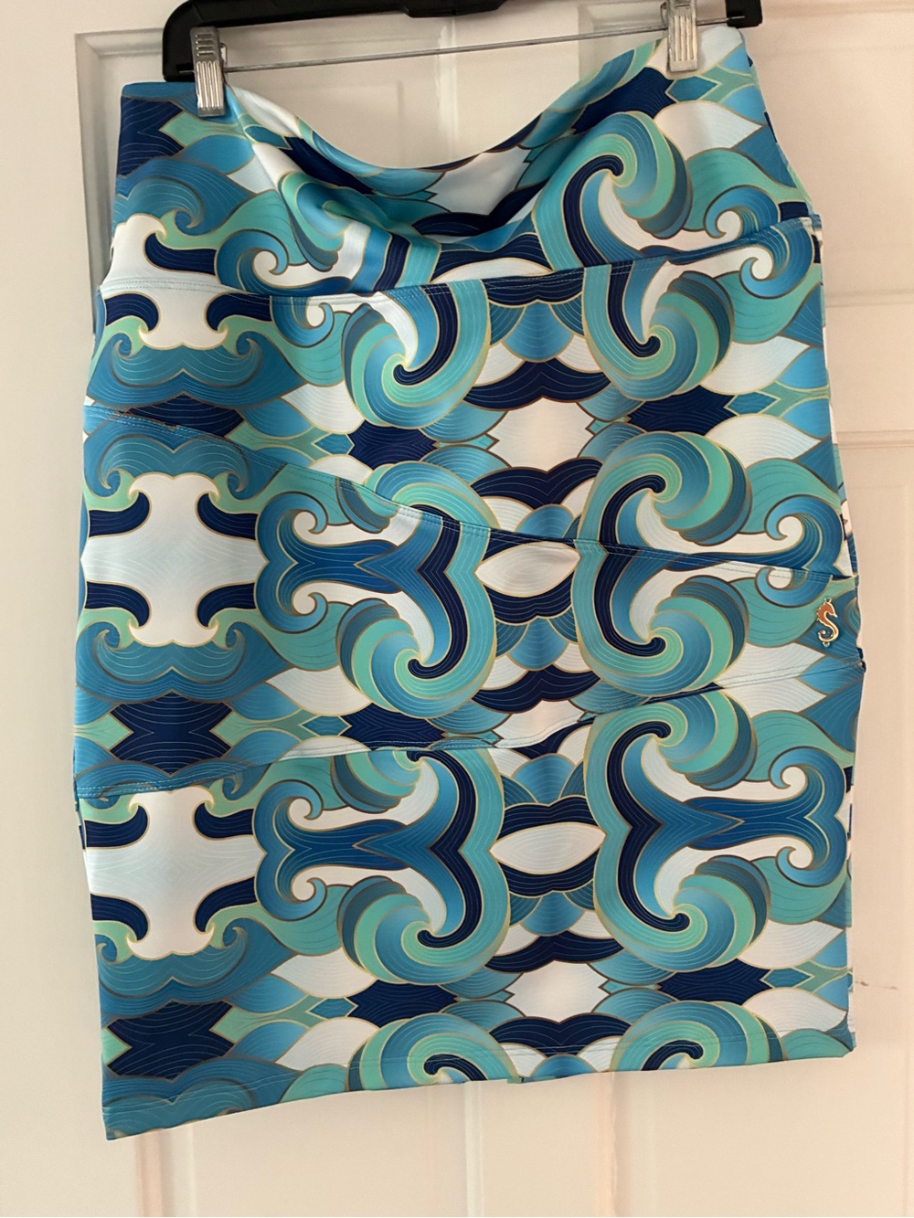 Blue & Teal Wave-Print Pencil Skirt